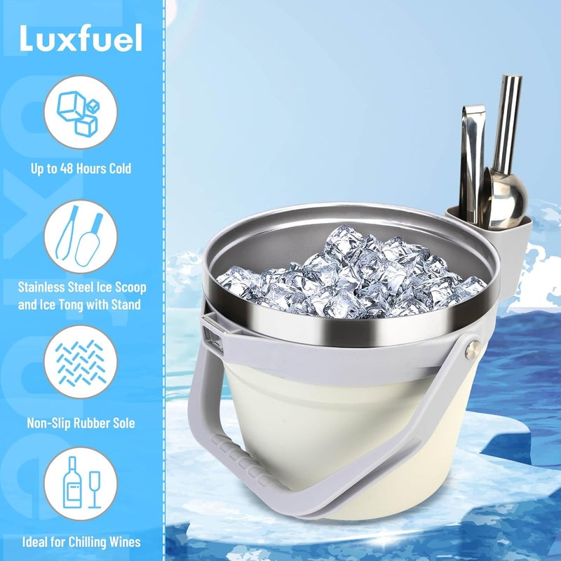 Luxfuel 7L Beverage & Ice Bucket with Lid, Stainless Steel, Includes Scoop & Tongs, Holds 6 Beer Bottles or 3 Wine Bottles, Keeps Drinks Cold for Hours, Easy Carry Handle for Parties & Outdoor-White - Image 3